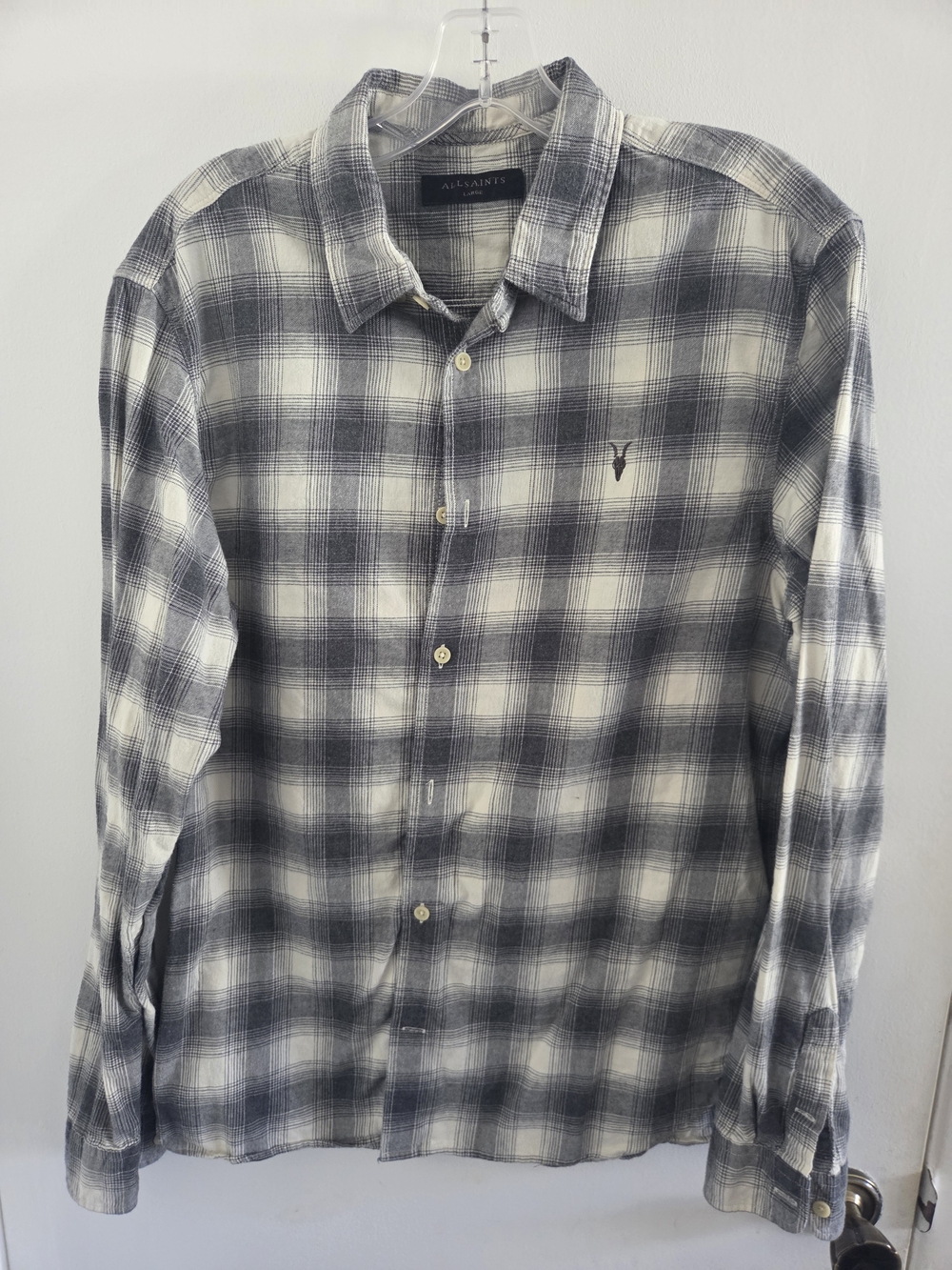 All Saints Men's Grey Plaid Button-Up Shirt